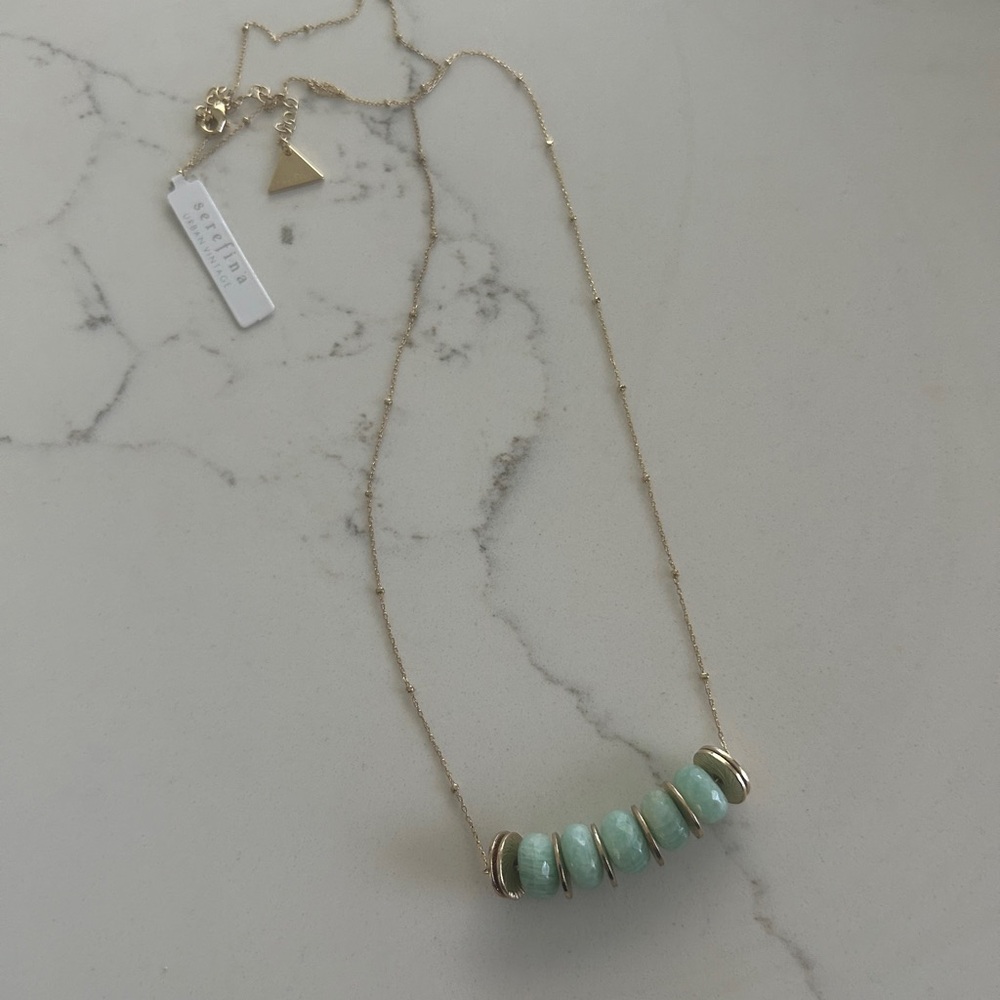 Anthropologie Serefina Long Necklace with Mint Green Bead Accents Gold Dipped